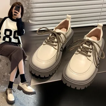 Новинка сезона Весна-осень 2023, женские повседневные маленькие кожаные туфли Matsuke на толстой подошве в стиле ретро