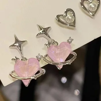 6шт Harajuku Fashion Y2K Серьги с кристаллами в виде розового персикового сердечка, серьги с темпераментом, серьги-гвоздики для пирсинга ушей, Корейская мода 2023, Эстетика