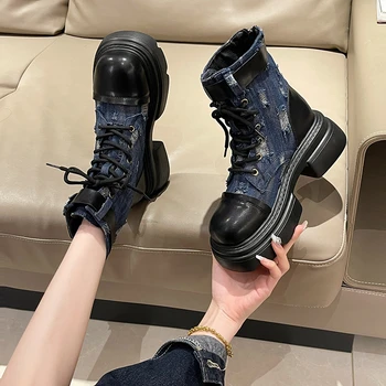 Женские ковбойские ботинки в стиле Вестерн 2023, новые Винтажные Короткие ботинки на шнуровке, модные мотоциклетные ботинки Matsutake на толстой подошве с темпераментом