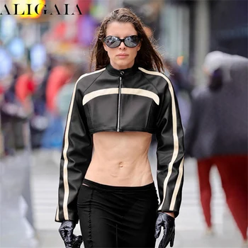 Женская куртка в стиле пэчворк из искусственной кожи со стоячим воротником в полоску, очень короткая уличная одежда, модные черные пальто на молнии с длинным рукавом, осень 2023