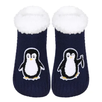 Милые Пушистые Носки-Тапочки с Животными для Женщин с Ручками, Зимние Вязаные Плюшевые Носки, Нескользящие Пушистые Домашние Носки, Подарки-Penguin