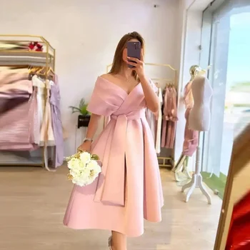 Элегантные розовые Вечерние платья Трапециевидной формы С V-образным вырезом И рукавами с открытыми плечами В Арабском стиле Для женщин, Вечерние платья в Арабском стиле 2023