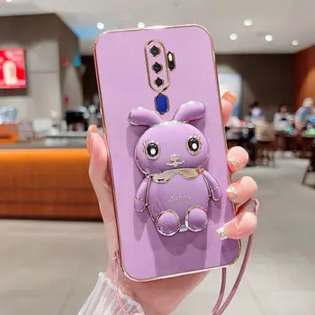 Чехол для телефона Oppo A9 A5 2020 с роскошным покрытием, квадратный держатель для кролика с крышкой Landyard Case