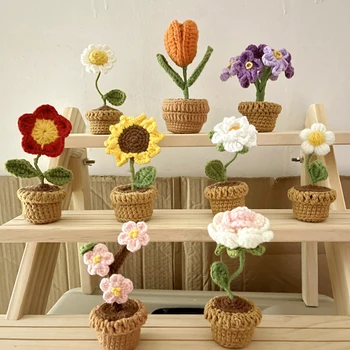 Милые мини-вязаные цветы, украшения для растений в горшках, ручная вязка, подсолнух, тюльпан, Роза, цветы в горшках, украшения для домашнего стола