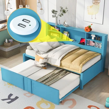 Двухспальная Кушетка, Детская кровать, Многофункциональная Кушетка с Двухспальным Ящиком, Полками для хранения и USB-портами, Удобная для спальни