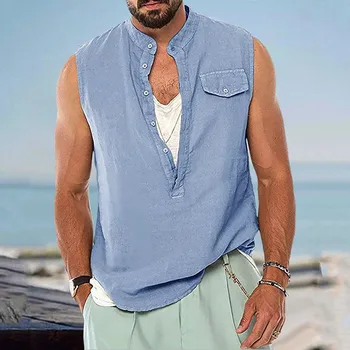 Мужские летние льняные рубашки без рукавов оверсайз, топы с карманами, базовые мужские винтажные жилетки, Гавайские рубашки, пляжные рубашки