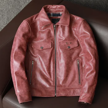 Розовый винтажный Амекаджи с лацканами, тонкая зимняя мужская куртка из натуральной кожи для мужчин, мотоциклетное пальто из натуральной кожи.