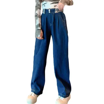 Модные джинсы для девочек, весенне-осенняя детская одежда, детские однотонные брюки, подростковые свободные джинсовые брюки с эластичной резинкой на талии, 5-14 лет