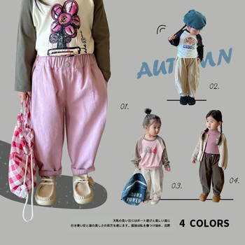 Повседневные брюки из выстиранного хлопка для девочек, весенне-осеннее платье, брюки для девочек, Корейская версия, длинные брюки, Детские свободные брюки
