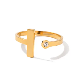 Кольцо из нержавеющей стали в простом стиле, украшенное Т-образным цирконом, Открывающееся металлическое кольцо для пальца, Неокисляемое кольцо