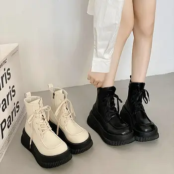 Черные ботинки Martin с толстой подошвой, женские осенние новые винтажные короткие ботинки на тонкой шнуровке, обувь на платформе, женские ботинки