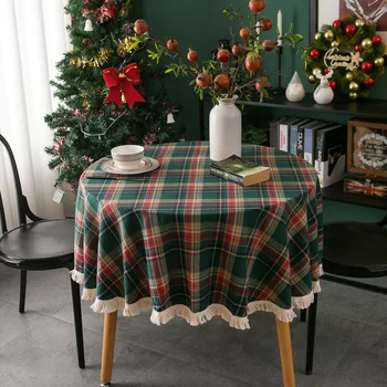 Круглый стол для вечеринки по случаю Дня рождения, полосатая клетчатая скатерть с кисточками, Рождественская Прямоугольная скатерть для ужина, домашнее украшение K016