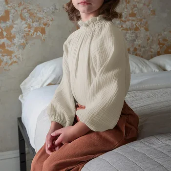 Осенняя новая детская рубашка, кружевной пуловер, топ с длинными рукавами, Хлопковая двухслойная марлевая удобная футболка для ухода за кожей, модная блузка