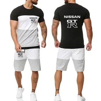 Новая мужская модная повседневная футболка с логотипом автомобиля GTR, 100% хлопок, круглый вырез, контрастный цвет, короткие рукава + шорты, комплект из 2 предметов