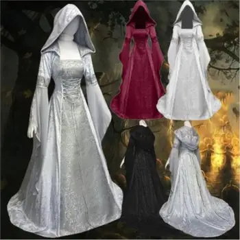 Средневековая Ретро-готическая толстовка с капюшоном, Длинная юбка ведьмы, Роскошное женское вечернее платье, косплей, костюм вампира на Хэллоуин для взрослых