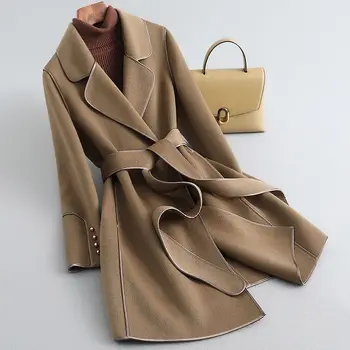 Зимнее Свободное шерстяное пальто в корейском стиле ручной работы с длинным рукавом, женское пальто с лацканами, однотонный элегантный шерстяной тренч, женское пальто V3