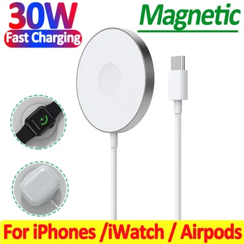 Магнитная Подставка для Беспроводного Зарядного Устройства мощностью 30 Вт 3 В 1 для iPhone 14 13 12 Pro Max Apple Watch Airpods pro Mini Fast Charger Station