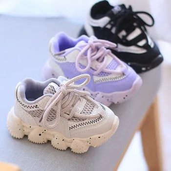 Весенне-осенняя Новая детская дышащая обувь из сетчатого материала для девочек на мягкой подошве со шнуровкой спереди, противоскользящая спортивная обувь