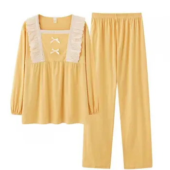 Весенний пижамный костюм, пижама принцессы, кружевная пижама, 2 предмета, рубашка и брюки, хлопковая домашняя одежда, пижамный комплект, ночная рубашка для гостиной, домашняя одежда