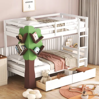 Универсальность Двухъярусная кровать galore Design Twin-Over-Twin с декором в виде дерева и двумя ящиками для хранения, подходит для детской, молодежной спальни
